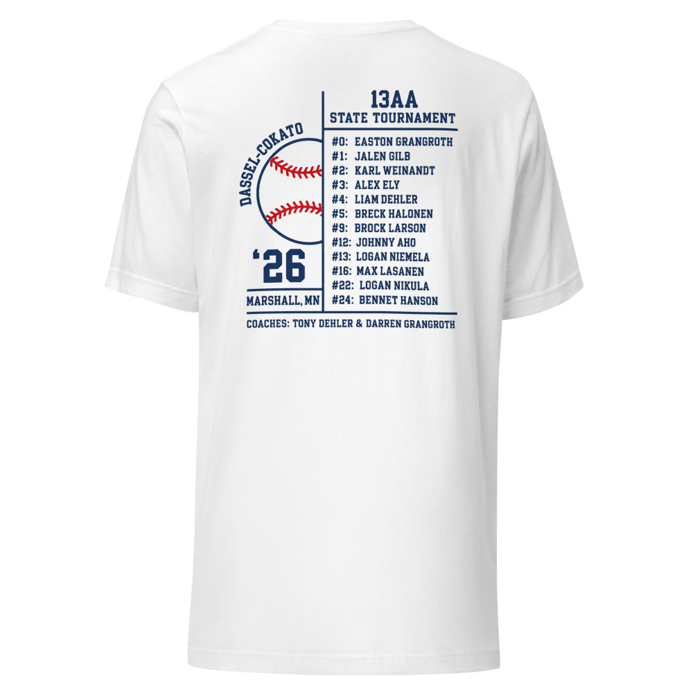 Chargers Baseball adult tee back with Dassel-Cokato 13AA State Tournament roster