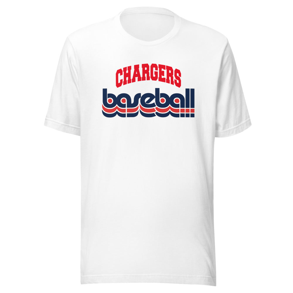 Chargers Baseball tee, front design on white adult unisex shirt