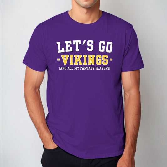Man wearing the purple Let's Go Vikings fantasy football t-shirt with collegiate block lettering