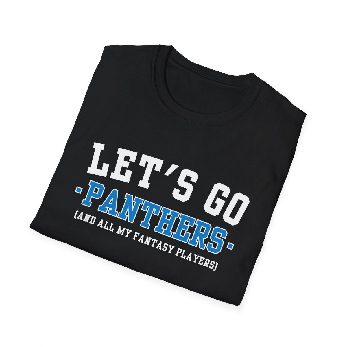 Folded black Panthers fantasy football tee angled on a white background, print facing camera