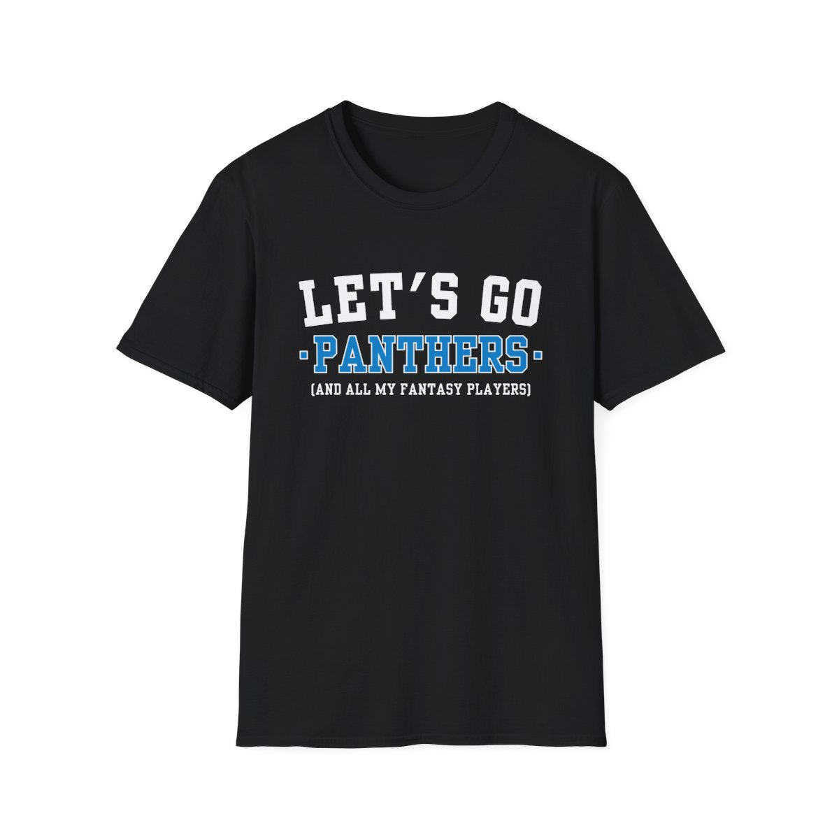 Black Let's Go Panthers fantasy football t-shirt with collegiate block lettering