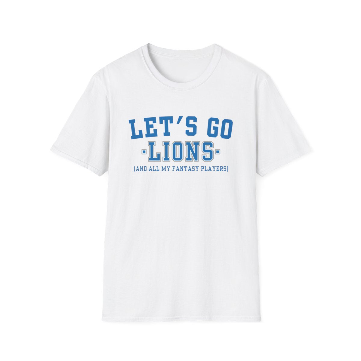 White Let's Go Lions fantasy football t-shirt with collegiate block lettering