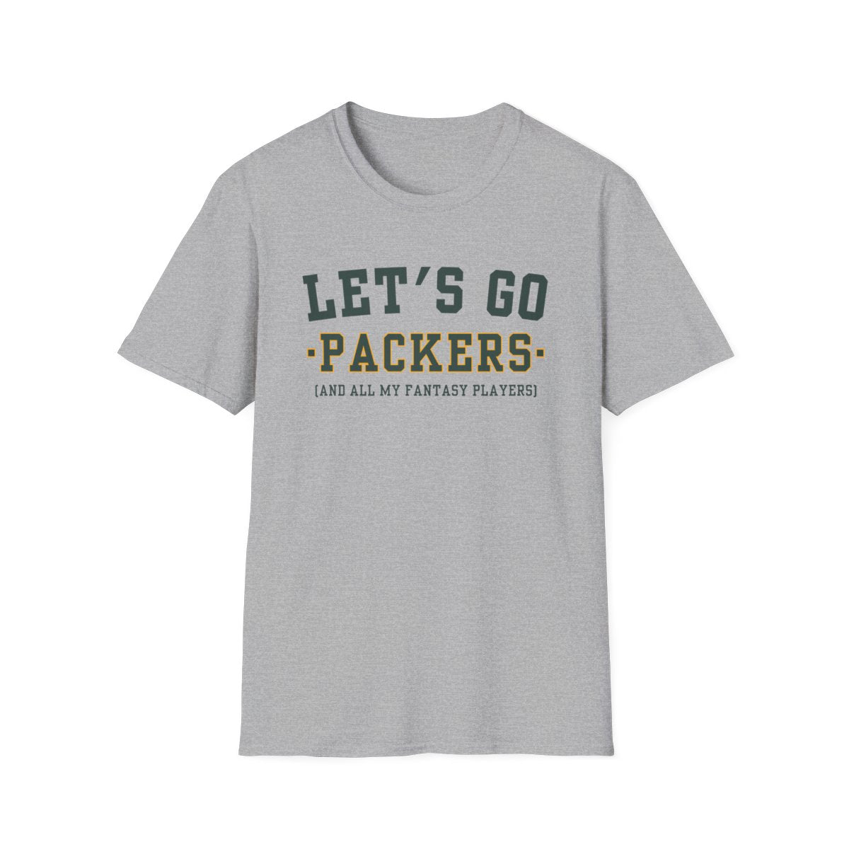 Gold Let's Go Packers fantasy football t-shirt with collegiate block lettering