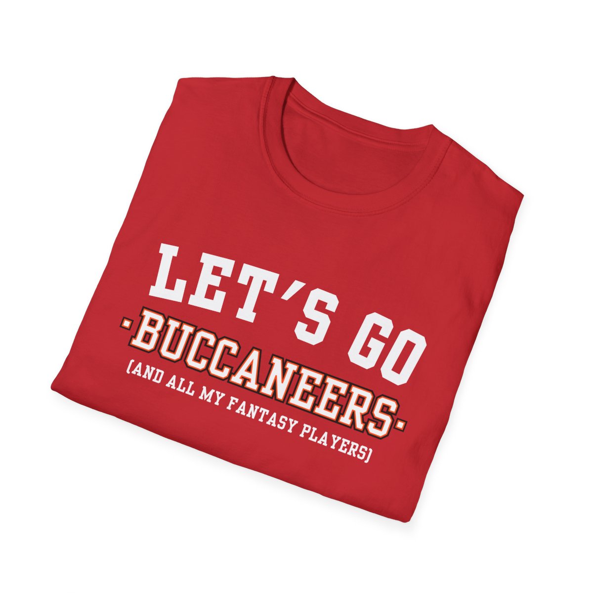 Folded red Buccaneers fantasy football tee angled on a white background, print facing camera