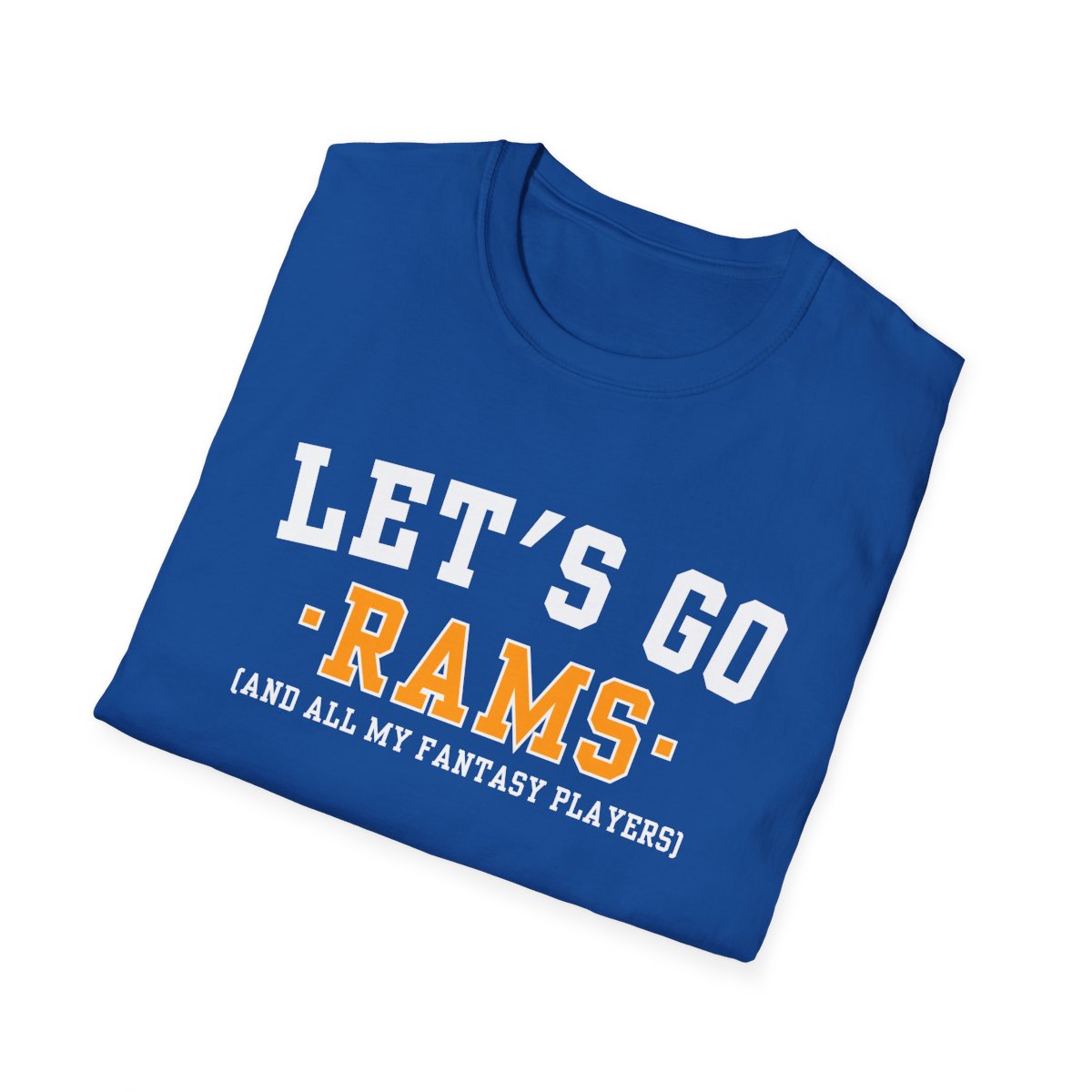 Folded royal blue Rams fantasy football tee angled on a white background, print facing camera