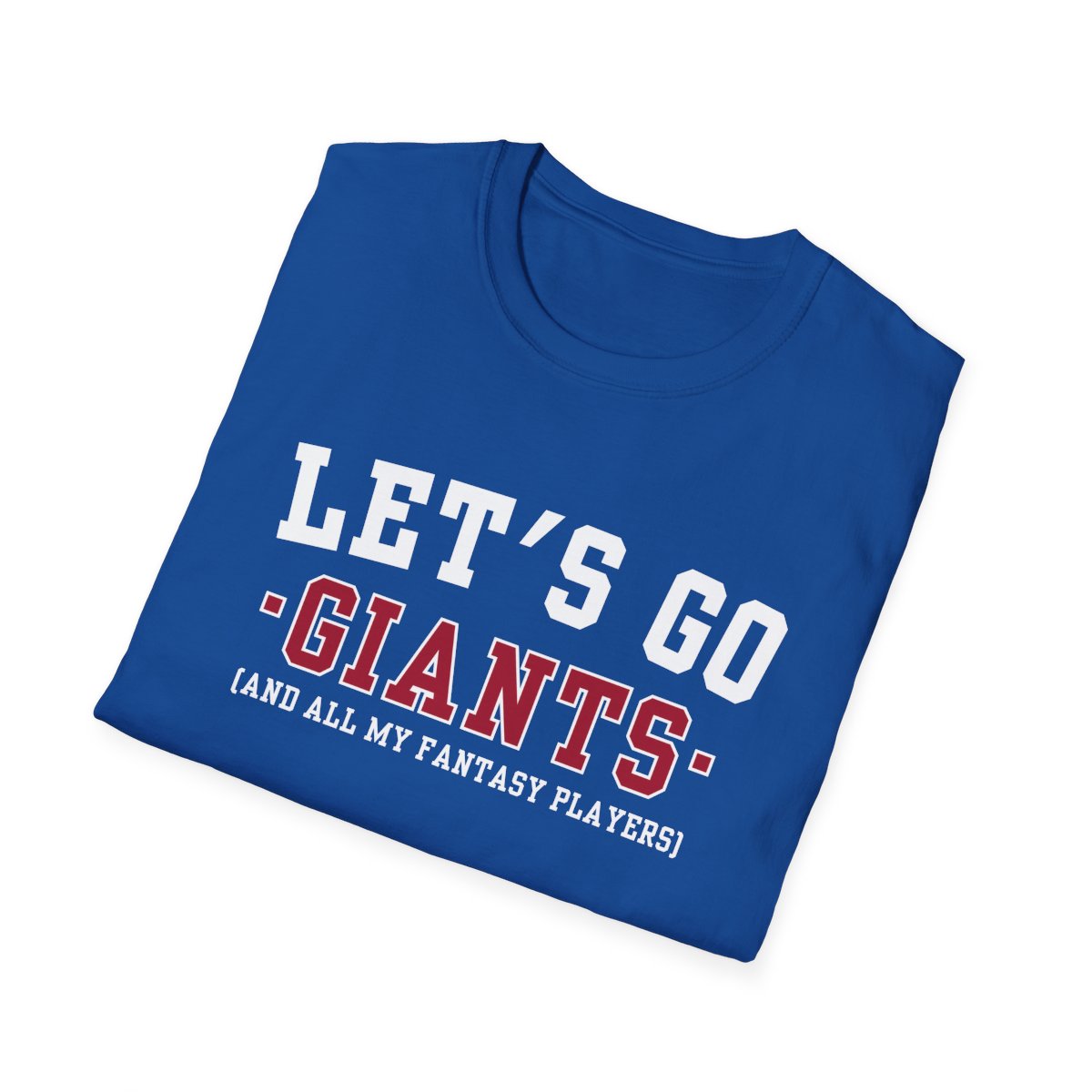 Folded royal blue Giants fantasy football tee angled on a white background, print facing camera