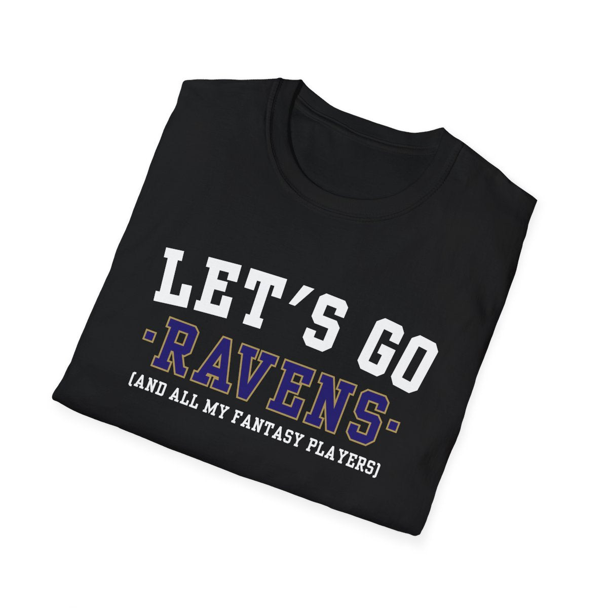Folded black Ravens fantasy football tee angled on a white background, print facing camera