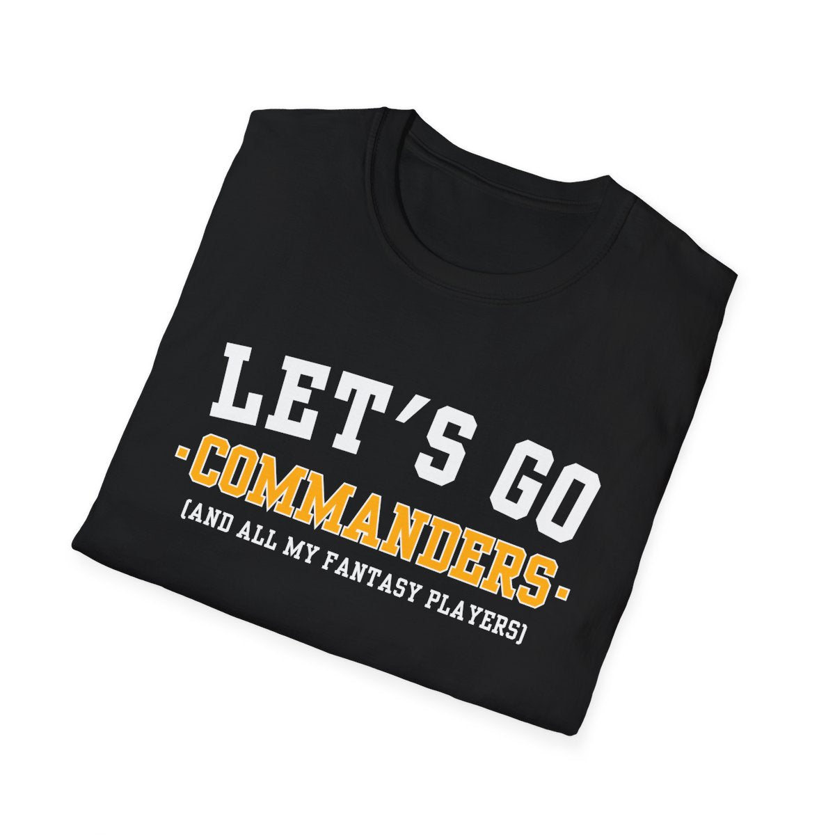 Folded black Commanders fantasy football tee angled on a white background, print facing camera