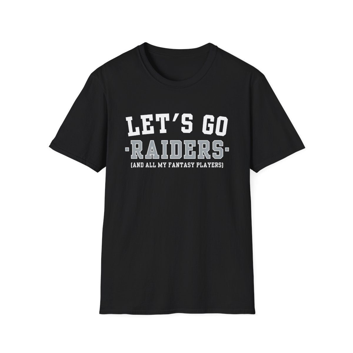 Black Let's Go Raiders fantasy football t-shirt with collegiate block lettering