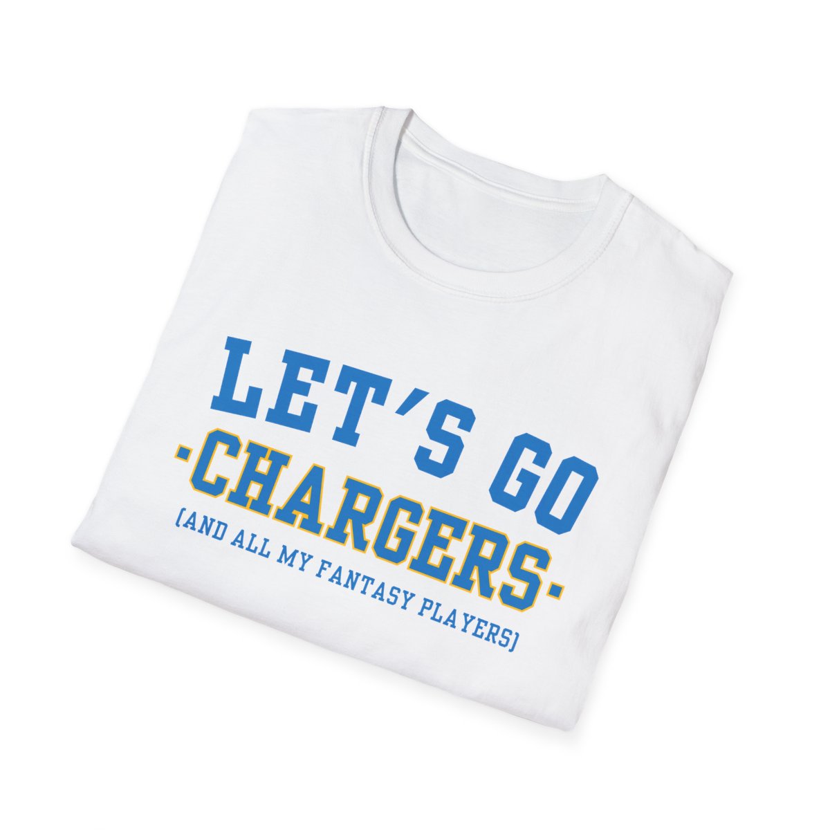 Folded white Chargers fantasy football tee angled on a white background, print facing camera