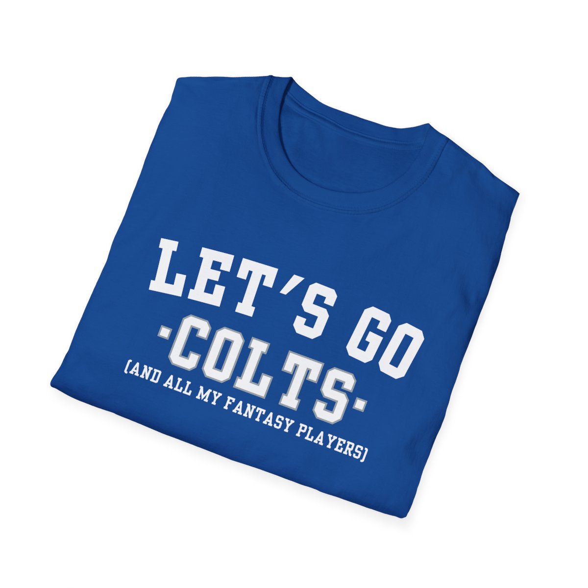 Folded royal blue Colts fantasy football tee angled on a white background, print facing camera