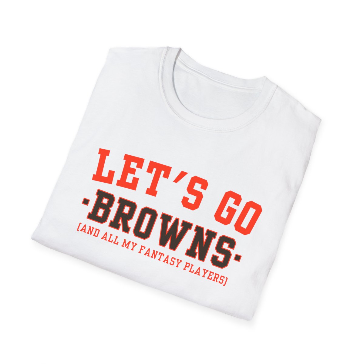 Folded orange Browns fantasy football tee angled on a white background, print facing camera