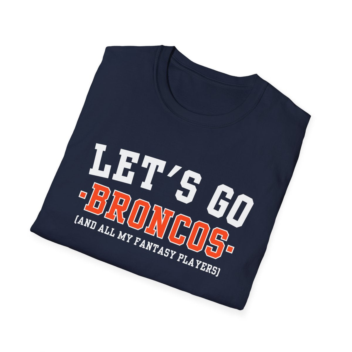 Folded navy Broncos fantasy football tee angled on a white background, print facing camera
