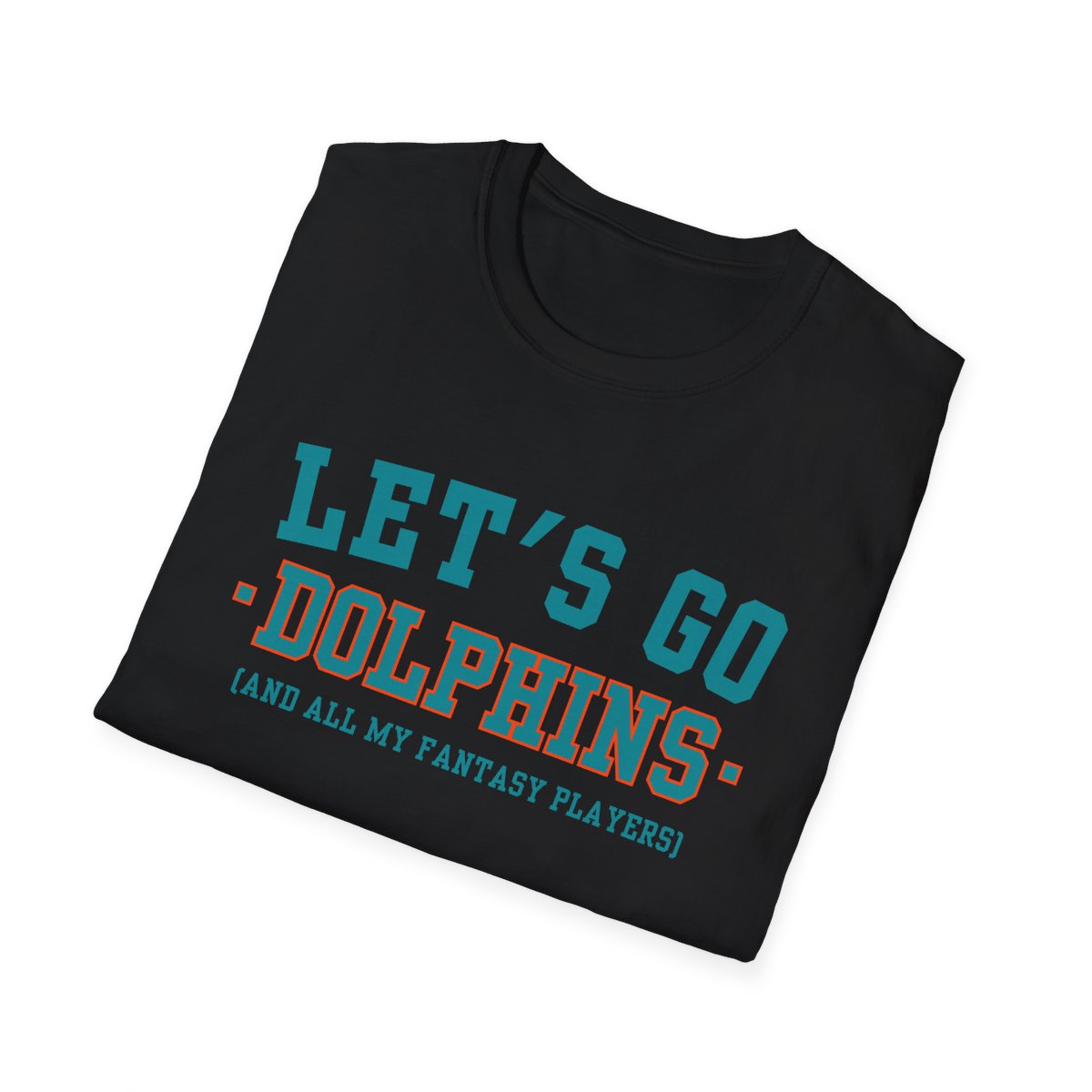 Folded black Dolphins fantasy football tee angled on a white background, print facing camera