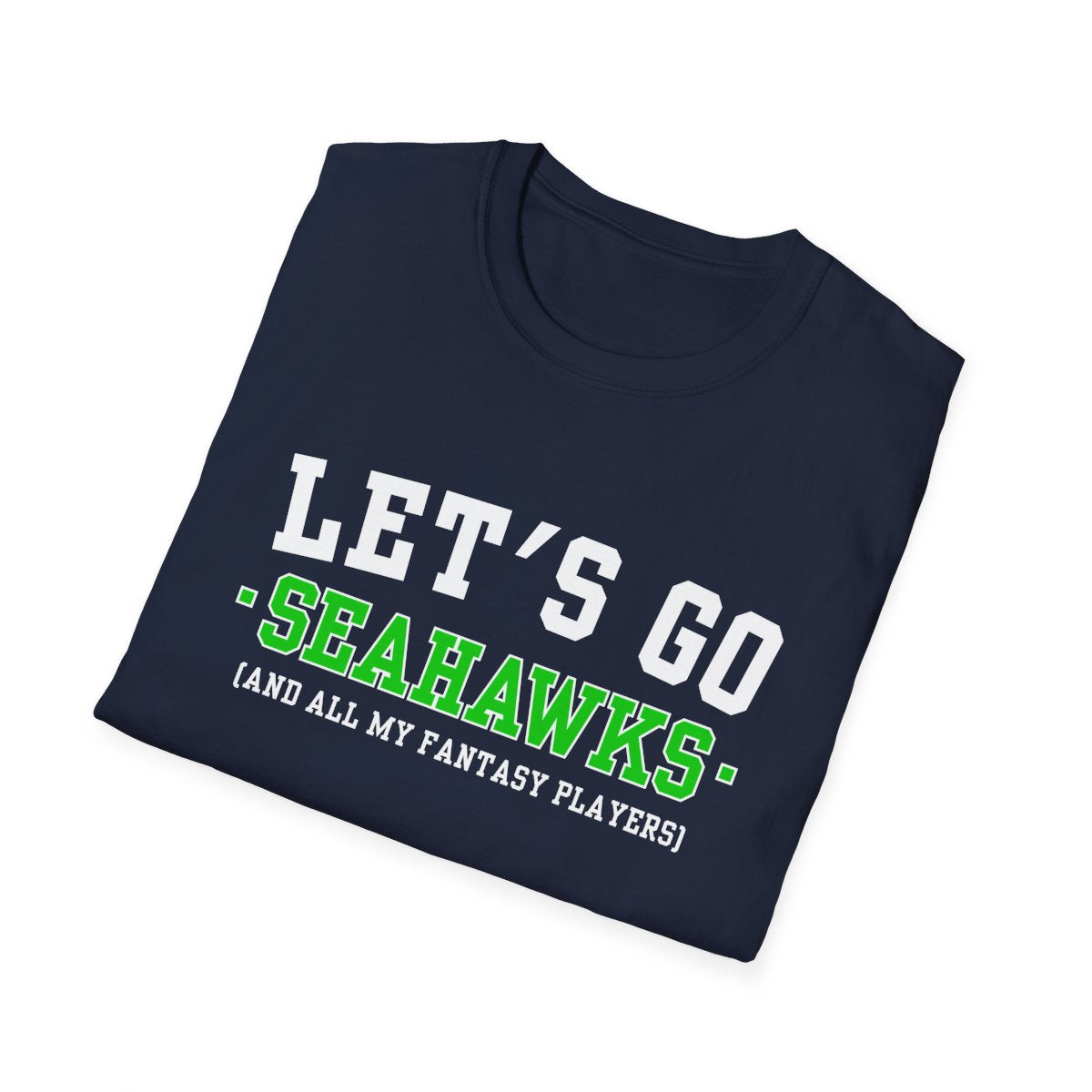 Folded navy Seahawks fantasy football tee angled on a white background, print facing camera