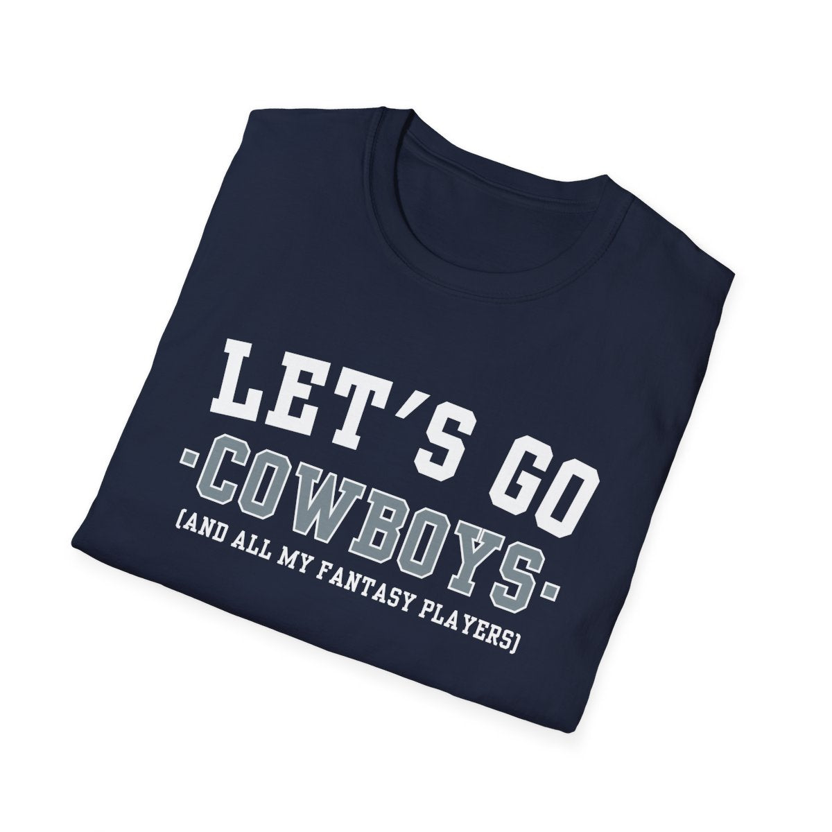 Folded navy Cowboys fantasy football tee angled on a white background, print facing camera