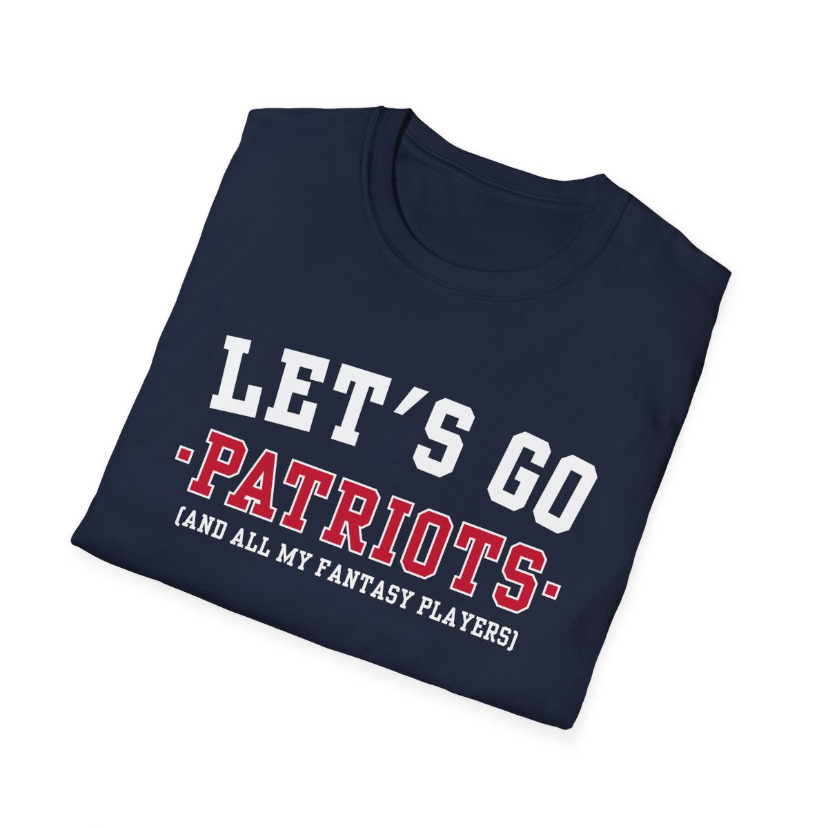 Folded navy Patriots fantasy football tee angled on a white background, print facing camera
