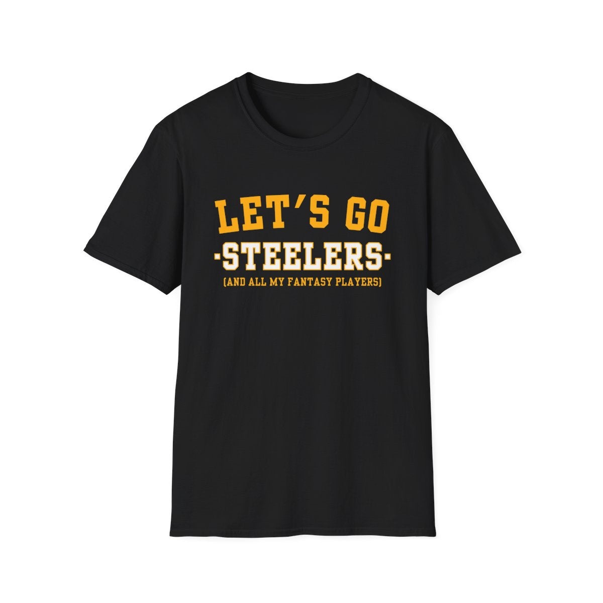 Black Let's Go Steelers fantasy football t-shirt with collegiate block lettering