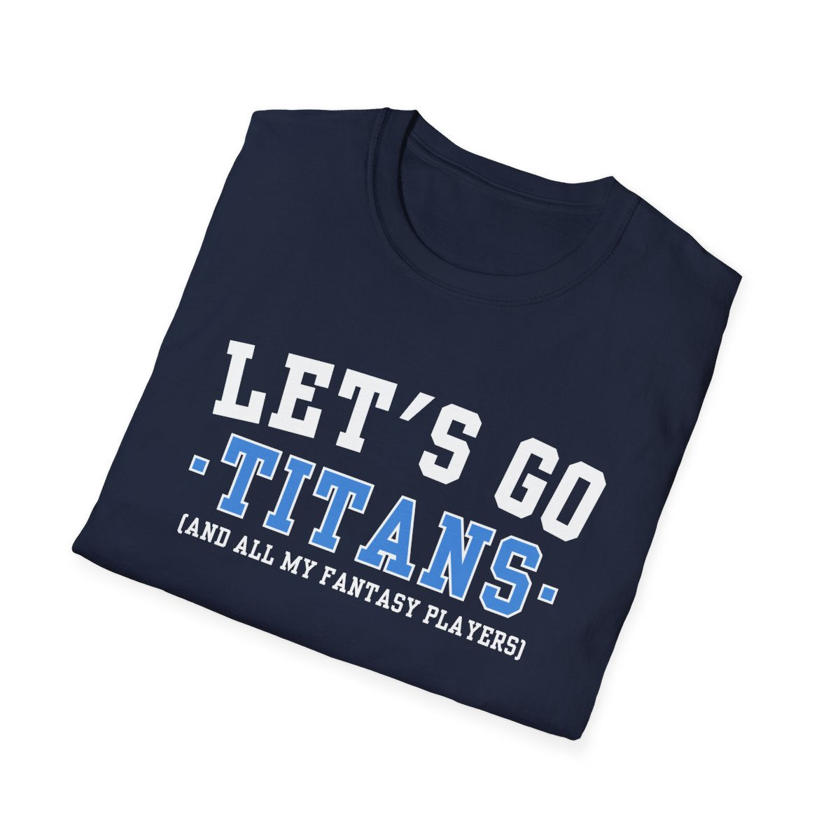 Folded navy Titans fantasy football tee angled on a white background, print facing camera