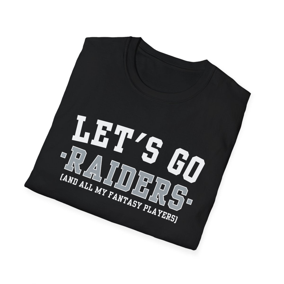 Folded black Raiders fantasy football tee angled on a white background, print facing camera