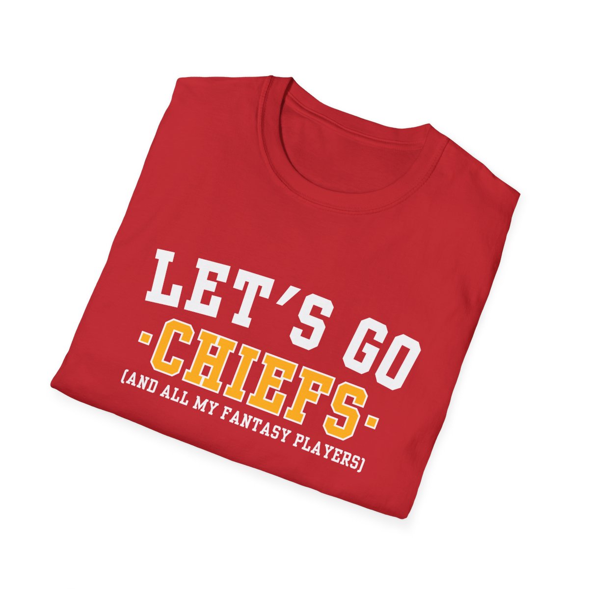 Folded red Chiefs fantasy football tee angled on a white background, print facing camera