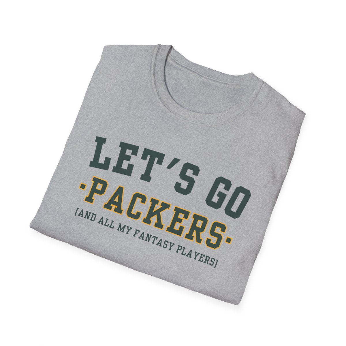 Folded gold Packers fantasy football tee angled on a white background, print facing camera