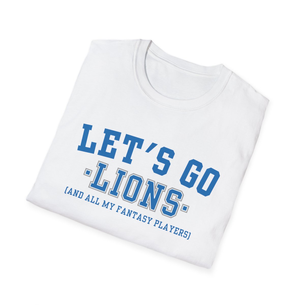 Folded white Lions fantasy football tee angled on a white background, print facing camera