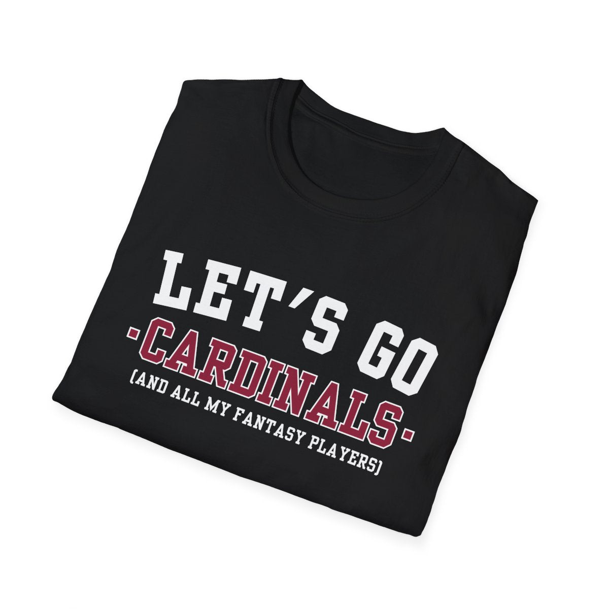 Folded black Cardinals fantasy football tee angled on a white background, print facing camera