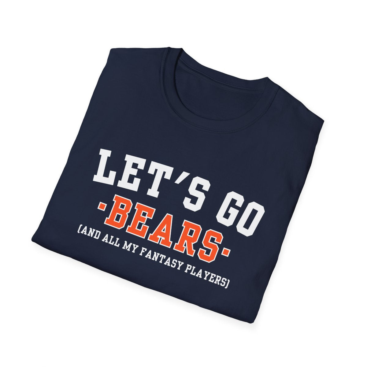 Folded navy Bears fantasy football tee angled on a white background, print facing camera