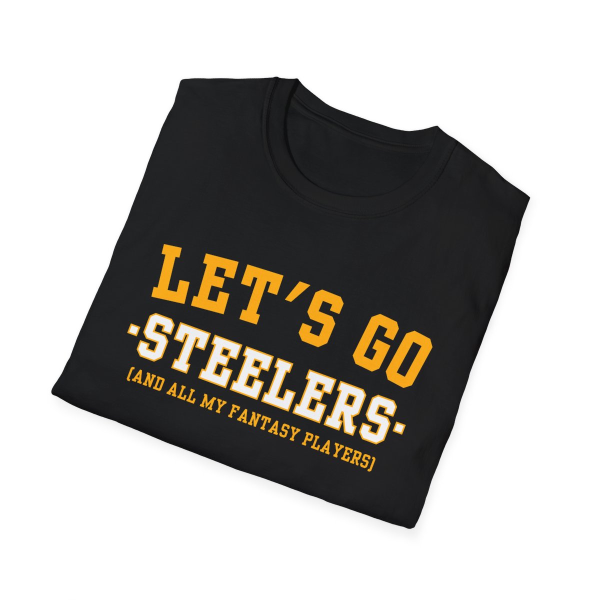 Folded black Steelers fantasy football tee angled on a white background, print facing camera