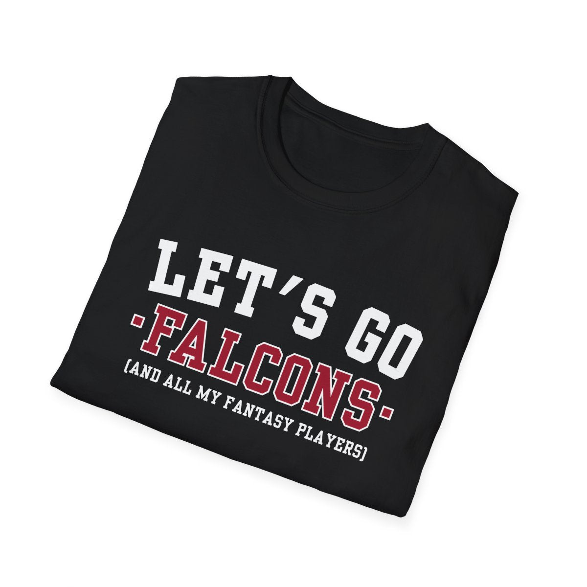 Folded black Falcons fantasy football tee angled on a white background, print facing camera