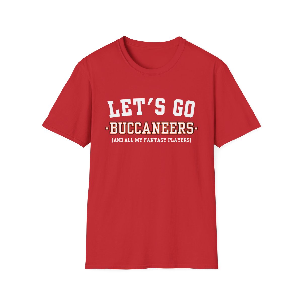 Red Let's Go Buccaneers fantasy football t-shirt with collegiate block lettering