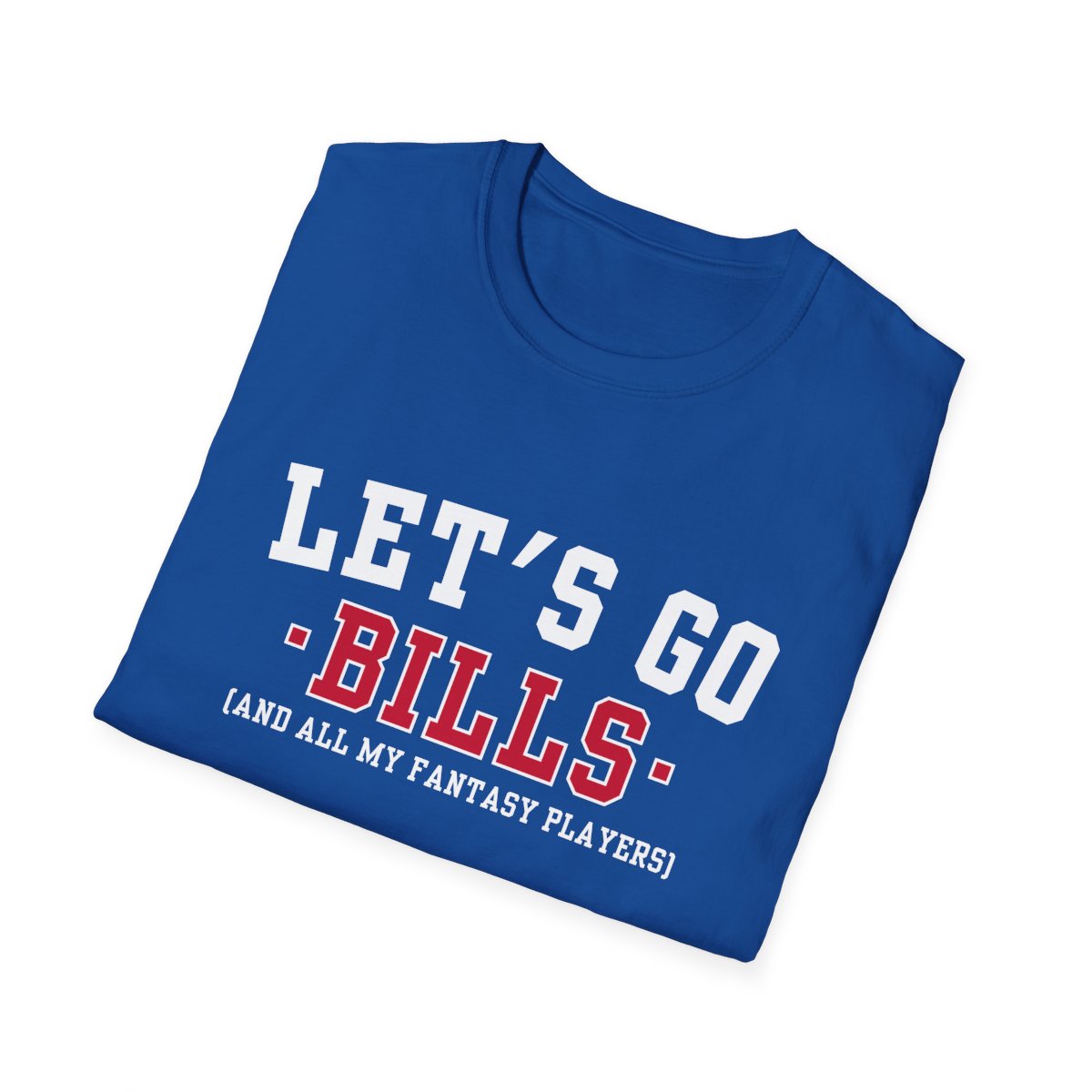 Folded royal blue Bills fantasy football tee angled on a white background, print facing camera