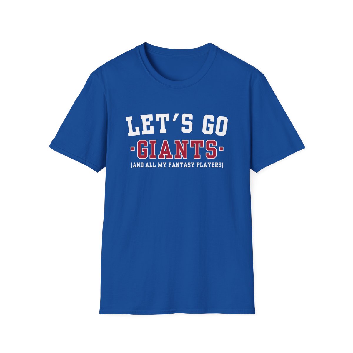 Royal blue Let's Go Giants fantasy football t-shirt with collegiate block lettering