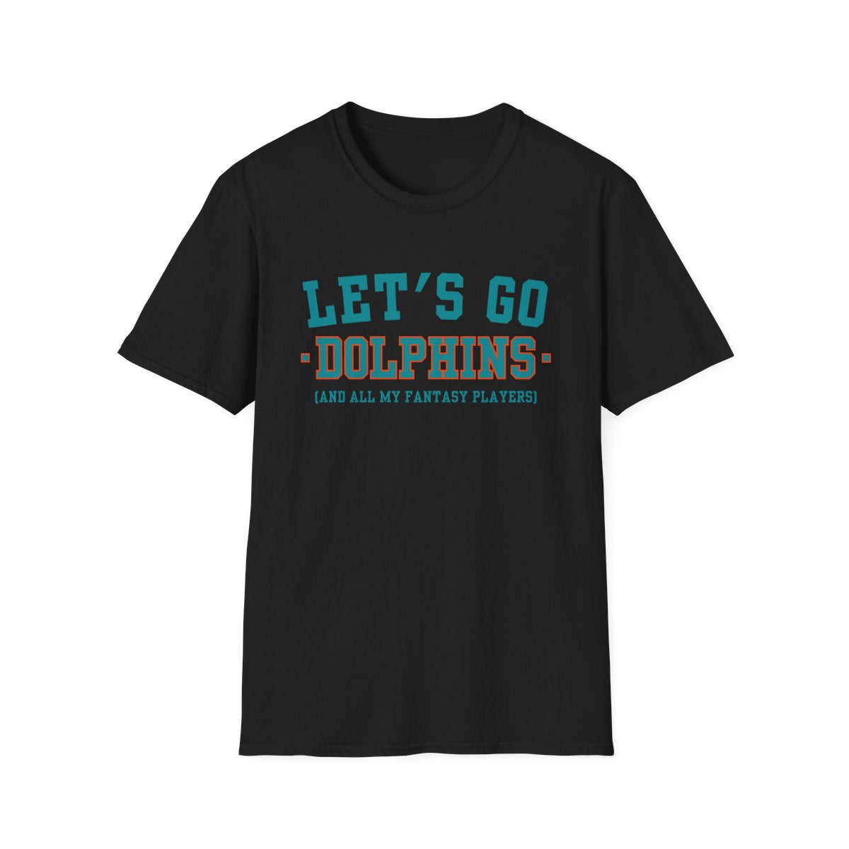 Black Let's Go Dolphins fantasy football t-shirt with collegiate block lettering