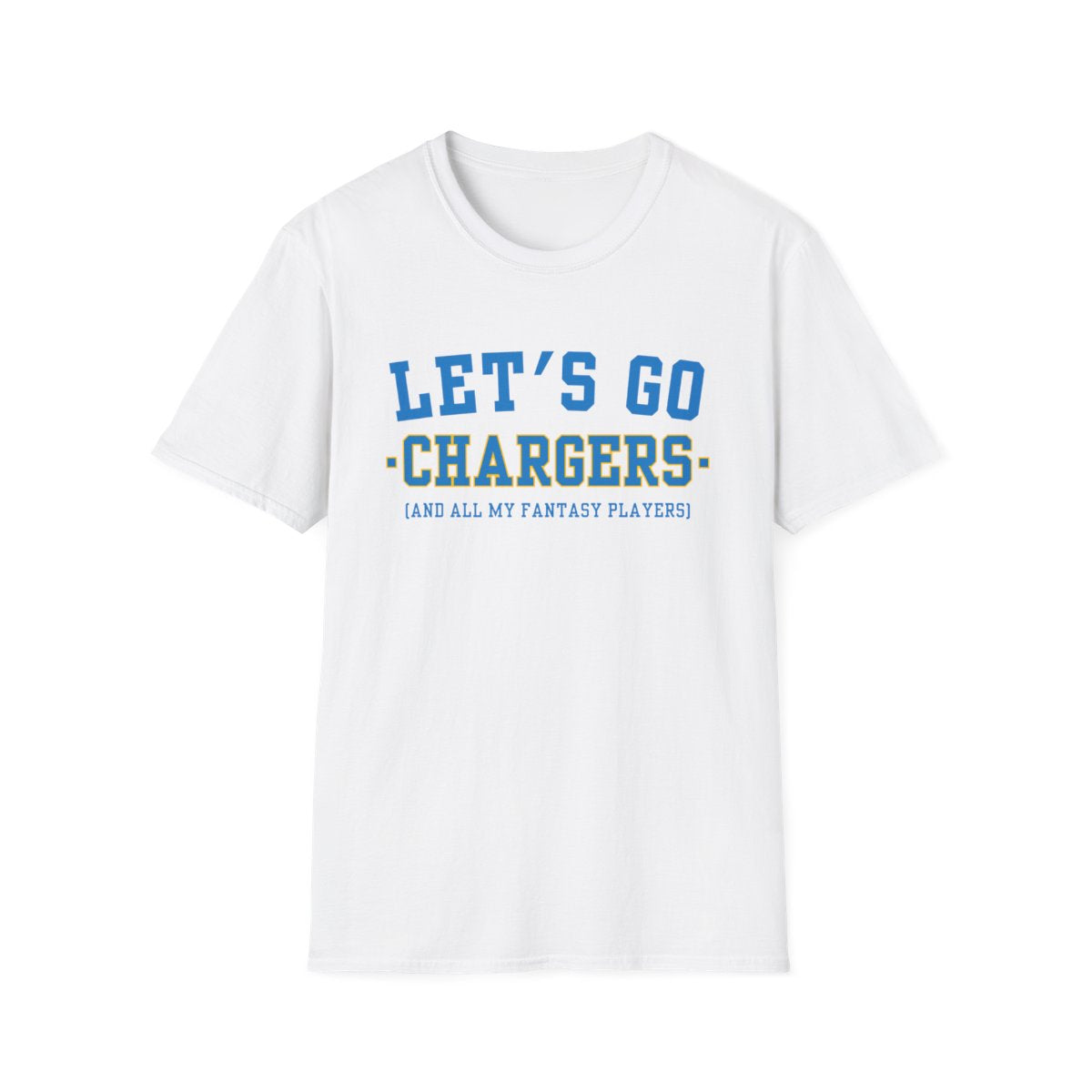 White Let's Go Chargers fantasy football t-shirt with collegiate block lettering