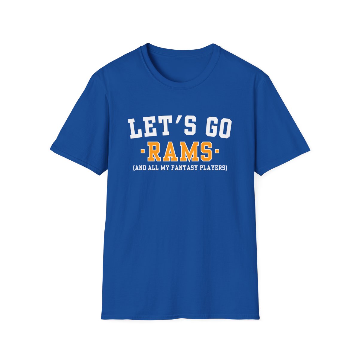 Royal blue Let's Go Rams fantasy football t-shirt with collegiate block lettering
